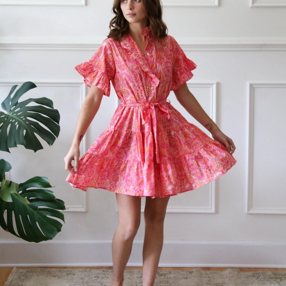 Mille Pink Carnation Violetta Ruffle Tie Waist Mini Dress Size Medium